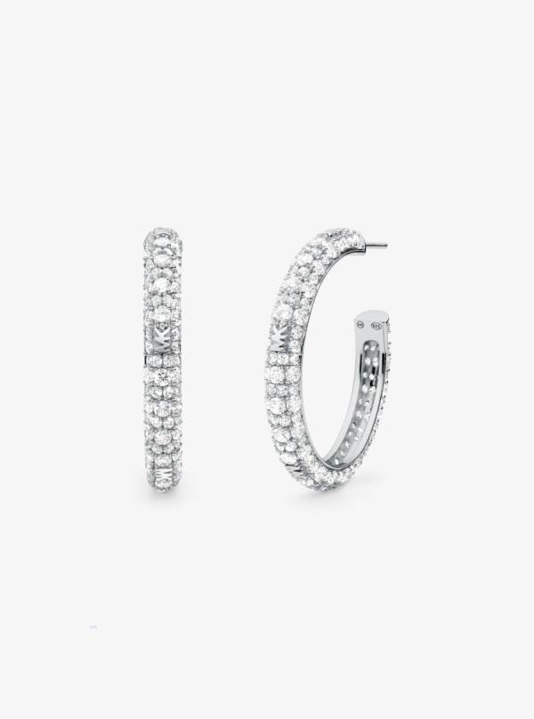 Damske Nausnice Michael Kors Precious Metal-Plated Sterling Silver Pavé Hoop Strieborne - Šperky Michael Kors Lacne | WQDNV-2639